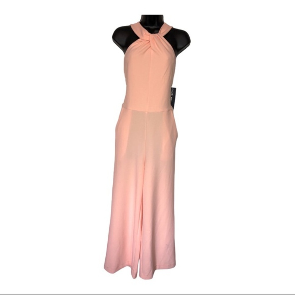 Rachel Roy pink blush crepe halter wide leg twist front midi jumpsuit size large